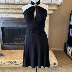 Black fancy cocktail dress, designer, halter neck, flattering stretch, sz S